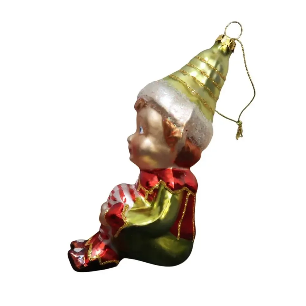 Knee Hugger Elf on a Shelf Blown Glass Christmas Ornament 6 in Vintage
